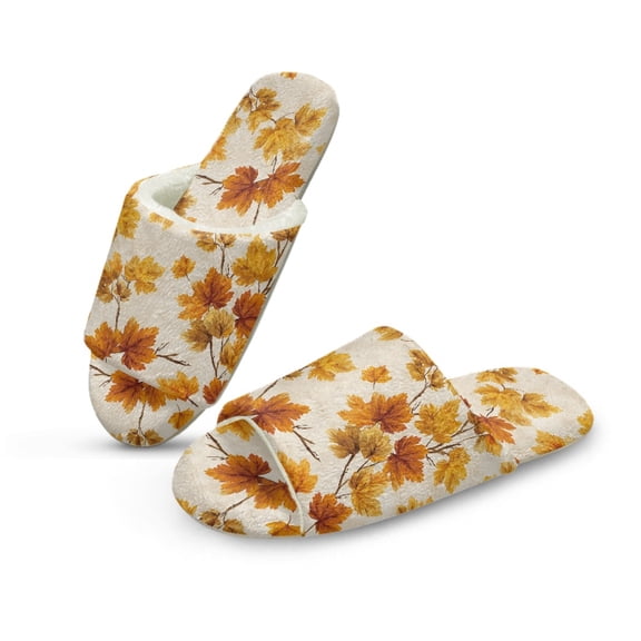 COEQINE Fall Leaf Gold Open Toe Slippers for Women, Comfortable Fuzzy Sandals Warm Slides Soft Indoor House Shoes for Men, Slippers Open Toe Cute Womens Footwear, 36-37