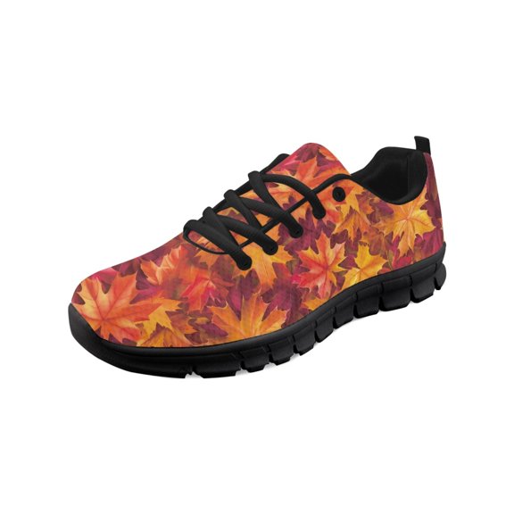 COEQINE Fall Maple Leaves Girls Sneakers Black Sole Mesh Breathable Lace Up Autumn Fall Leaf Print Women Running Shoes for Travel Outdoor Training Athletic Sport