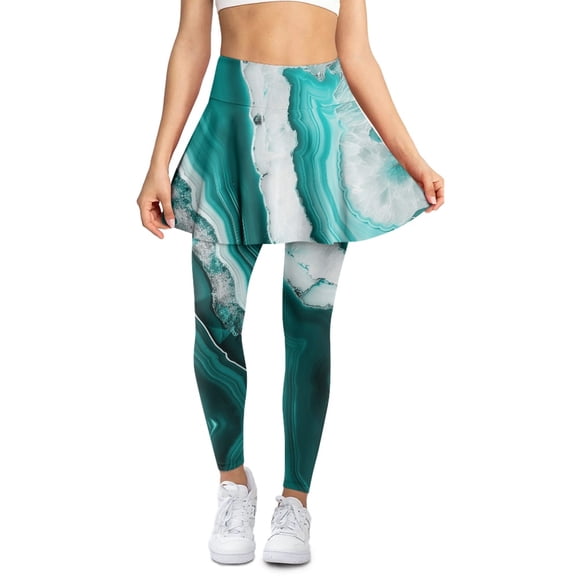 COEQINE Fashion Comfy Yoga Skirted Legging with Pockets for Women Turquoise Marble Pattern Ruffle Pleated Tennis Skirts with Leggings Elastic Golf Pickleball Leggings, XS