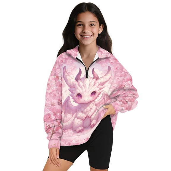 COEQINE Fashion Girls Quarter Zip Sweatshirt with Collar, Long Sleeve Loose Fit Pullover, Back to School Casual Top for Teens and Kids 7-8 Years, Dragon Cherry Blossom Pink