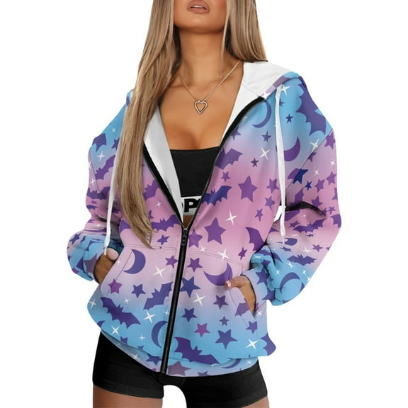 COEQINE Fashion Soft Sweatshirts Women's Oversized Full Zipper Hoodie Bat Star Print Long Sleeve Y2K Tops for Women with Pockets Fall Winter Outfits Jacket Casual Wear, M