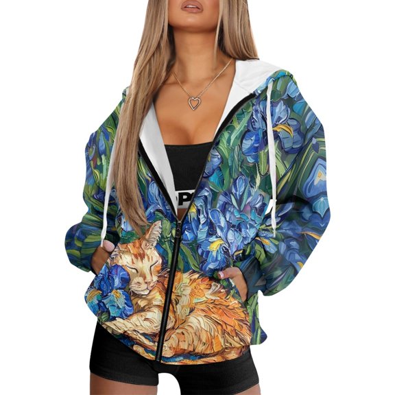 COEQINE Fashion Sweatshirts Women's Full Zip Up Oversized Hoodie Cat and Bluebells Pattern Long Sleeve Jacket for Women with Pockets Fall Winter Outfits Casual Wear, XS