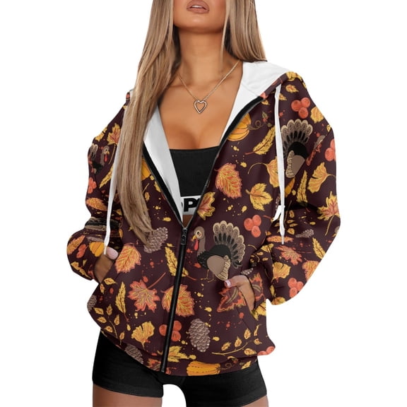 COEQINE Fashion Sweatshirts Women's Oversized Full Zip Up Hoodie Turkey and Maple Leaves Print Long Sleeve Y2K Tops for Women with Pockets Fall Outfits Casual Hooded Jacket, 3XL