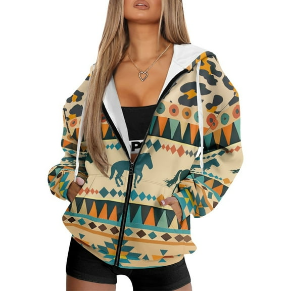COEQINE Fashion Sweatshirts Women's Oversized Full Zipper Hoodie Horse African Tribal Ethnic Print Long Sleeve Y2K Tops for Women with Pockets Fall Outfits Casual Hooded Jacket, M
