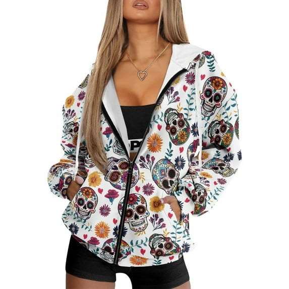 COEQINE Fashion Sweatshirts Women's Oversized Hoodie Skull Floral White Print Full Zipper Tops for Women with Pockets Lightweight Hooded Jacket Fall Outfits Casual Wear, M