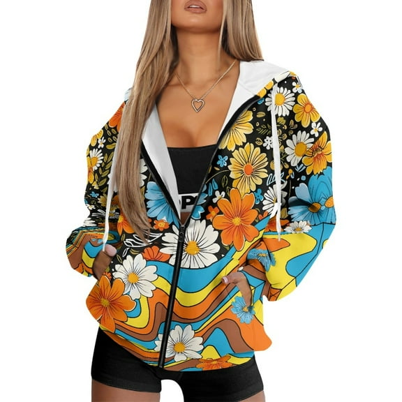 COEQINE Fashion Sweatshirts Women's Soft Oversized Hoodie Daisy Floral and Multicolor Waves Print Full Zipper Tops for Women with Pockets Fall Outfits Casual Wear, XS