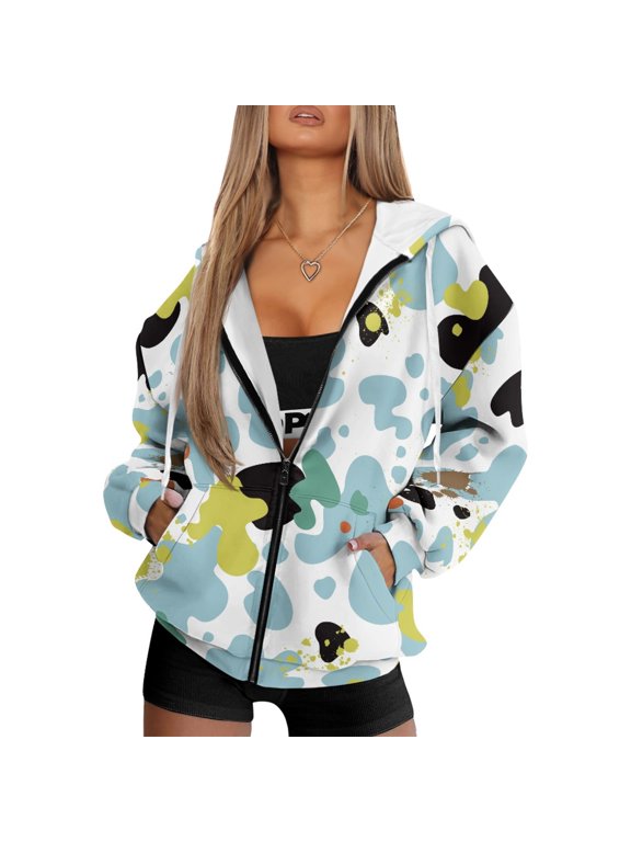 Fashion Sweatshirts Women's Soft Oversized Hoodie Full Zipper Hooded Jacket Long Sleeve Y2K Tops for Women with Pockets Mandala White Print Fall Casual Wear, L