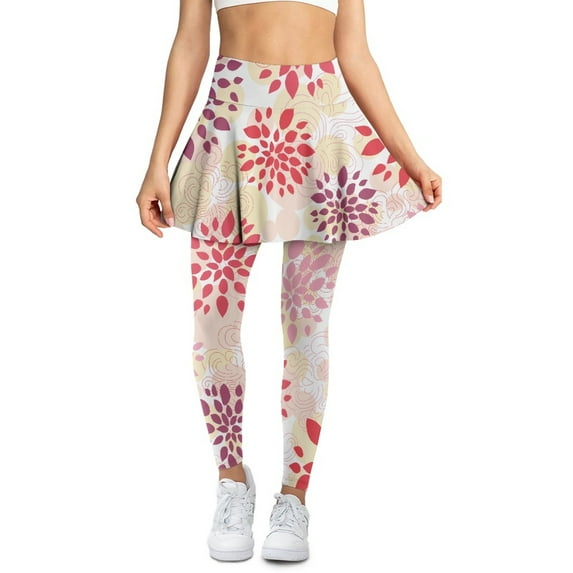 COEQINE Fashion Tennis Skirted Legging for Women with Pockets Red Floral White Pattern Elastic Yoga Skirts with Leggings Comfy Breathable Leggings with Skirts, XS