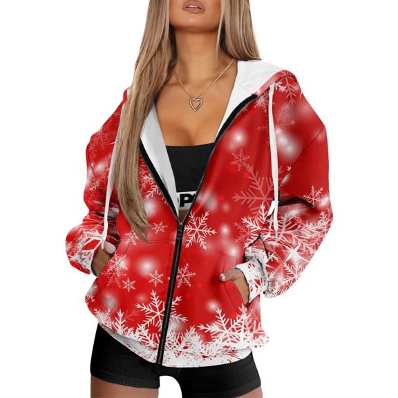 COEQINE Fashion Women's Hoodie Oversized Full Zipper Sweatshirts Snowflake Red Print Long Sleeve Casual Wear Y2K Jacket Coat Fall Winter Outfits Tops with Pockets, 2XL
