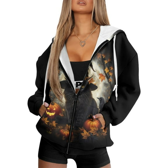 COEQINE Fashion Women's Hoodie Oversized Sweatshirts Black Cat Magic Hat Print Long Sleeve Pumpkin Pattern Casual Wear Full Zipper Y2K Jacket Fall Tops with Pockets, 2XL