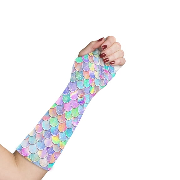 COEQINE Fish Scales Arm Cast Covers Size M Arm Cast Sleeve with Thumb Cover Wrist Cast Cover Removable Arm Cast Decor Cover Short Arm Cast Cover Stretch Arm Sleeves for Adult Kids