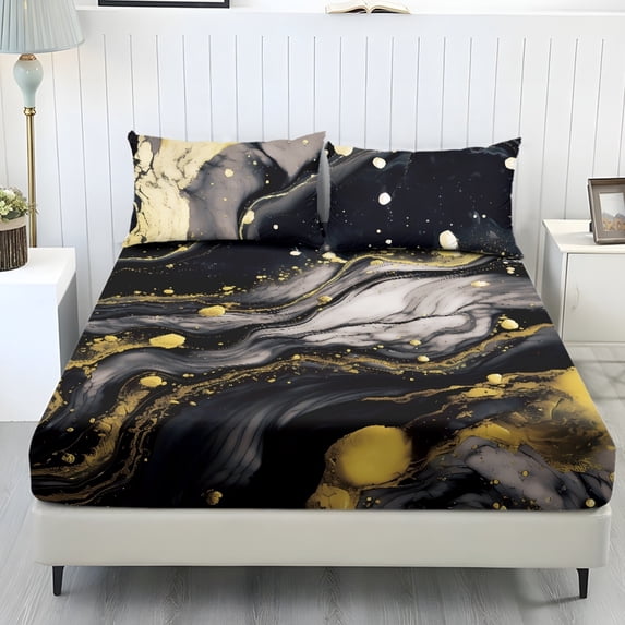 COEQINE Fitted Sheet & Pillowcase Set, Comfort Wrinkle Free Bed Sheets Set Fade Resistant Easy Care Bottom Bedsheet Snug Fit for Full Size Bed, Marble Black Yellow