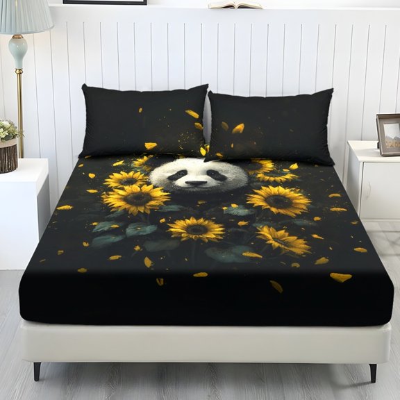 COEQINE Fitted Sheet & Pillowcase Set, Comfort Wrinkle Free Bed Sheets Set Fade Resistant Easy Care Bottom Bedsheet Snug Fit for Full Size Bed, Panda Sunflower Black