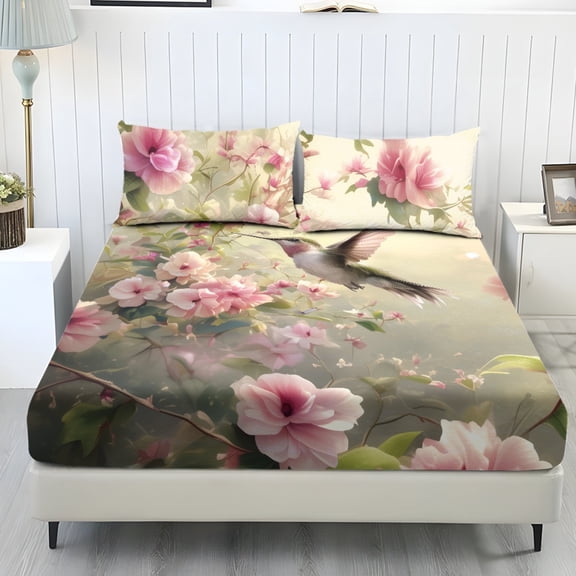 COEQINE Fitted Sheet & Pillowcase Set, Comfort Wrinkle Free Bed Sheets Set Fade Resistant Easy Care Bottom Bedsheet Snug Fit for King Size Bed, Hummingbird Floral
