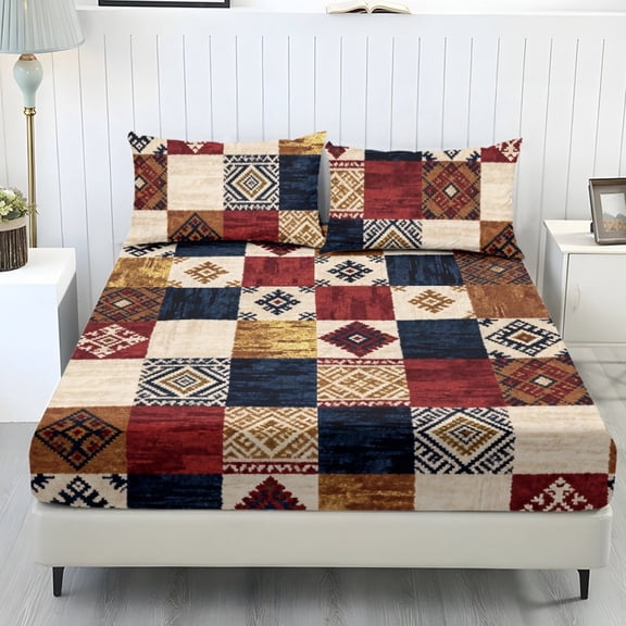 COEQINE Fitted Sheet & Pillowcase Set, Comfort Wrinkle Free Bed Sheets Set Fade Resistant Easy Care Bottom Bedsheet Snug Fit for King Size Bed, Retro Ethnic Patchwork