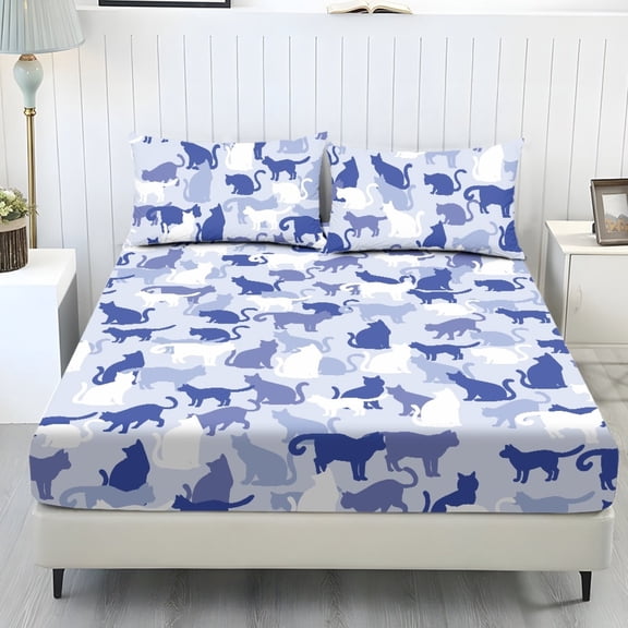 COEQINE Fitted Sheet & Pillowcase Set, Comfort Wrinkle Free Bed Sheets Set Fade Resistant Easy Care Bottom Bedsheet Snug Fit for Twin Size Bed, Blue Camo Cat Print