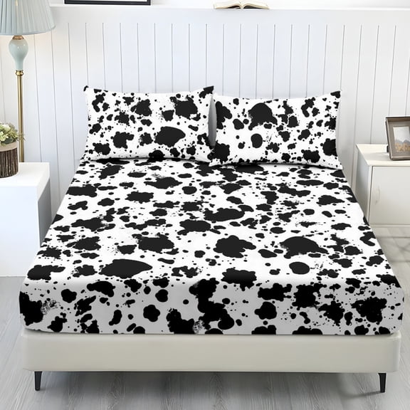 COEQINE Fitted Sheet & Pillowcase Set, Comfort Wrinkle Free Bed Sheets Set Fade Resistant Easy Care Bottom Bedsheet Snug Fit for Twin Size Bed, Cow Print Black White