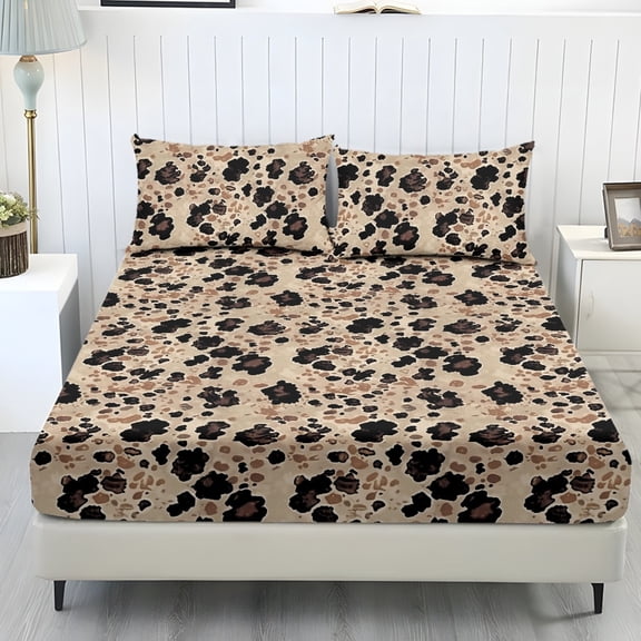 COEQINE Fitted Sheet & Pillowcase Set, Comfort Wrinkle Free Bed Sheets Set Fade Resistant Easy Care Bottom Bedsheet Snug Fit for Twin Size Bed, Light Brown Leopard Print