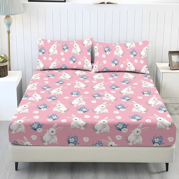 COEQINE Fitted Sheet & Pillowcase Set, Comfort Wrinkle Free Bed Sheets Set Fade Resistant Easy Care Bottom Bedsheet Snug Fit for Twin XL Size Bed, Easter Rabbit Egg Daisy Pink