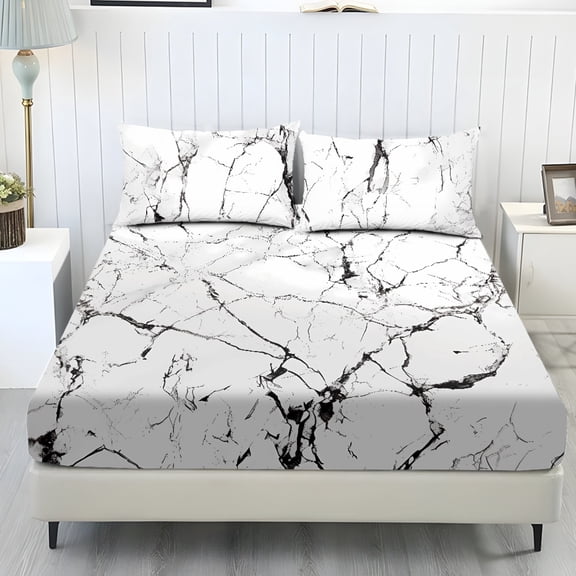 COEQINE Fitted Sheet & Pillowcase Set, Comfort Wrinkle Free Bed Sheets Set Fade Resistant Easy Care Bottom Bedsheet Snug Fit for Twin XL Size Bed, White Marble Crack