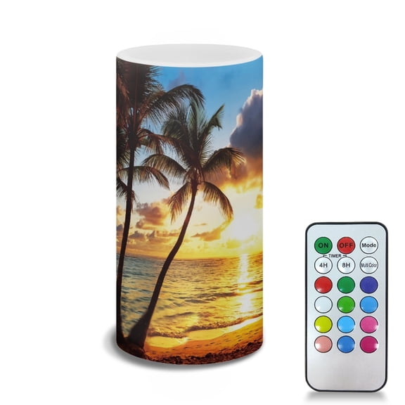 COEQINE Flameless Candle Flame Effect Realistic LED Lights, Battery Operated Flameless Table Lamp with Timer Remote Colors Changing Hawaii Home Decor, Hawaiian Palm Tree Gold Sunshine