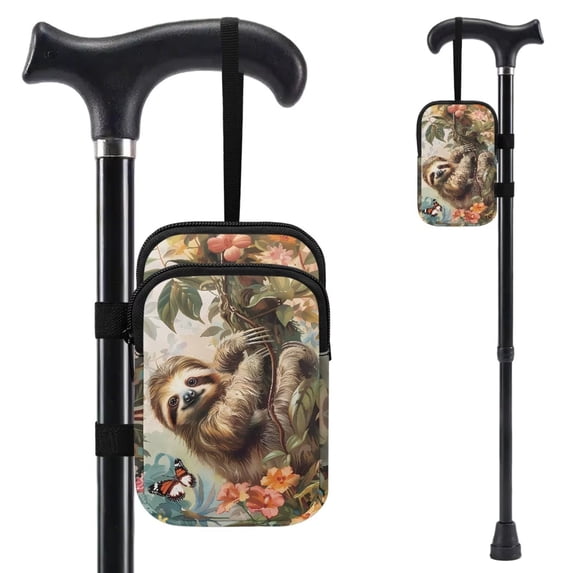 COEQINE Forearm Crutch Accesories for Broken Leg Cute Sloth Floral Elbow Crutch Bag, Mobility Aid Attachment, with 2 Pockets, Phone Holder, for Seniors Women Men