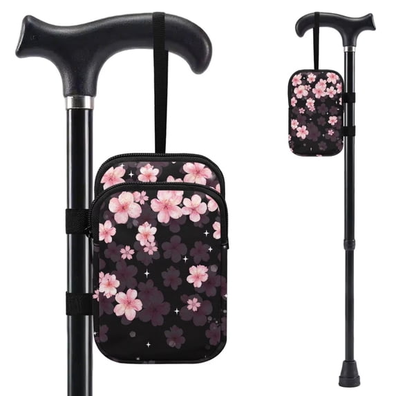 COEQINE Forearm Crutch Accesories Walking Stick Bag Cherry Blossom Black Elbow Crutch Pouch, Cane Attachment, with Multiple Pockets, Phone Holder, for Adults Women Men