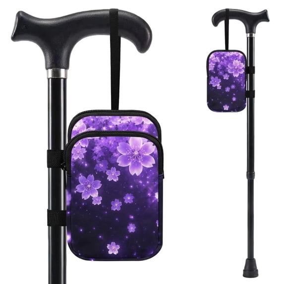 COEQINE Forearm Crutch Accesories Walking Stick Bag Purple Cherry Blossom Elbow Crutch Pouch, Cane Attachment, with Multiple Pockets, Phone Holder, for Adults Women Men
