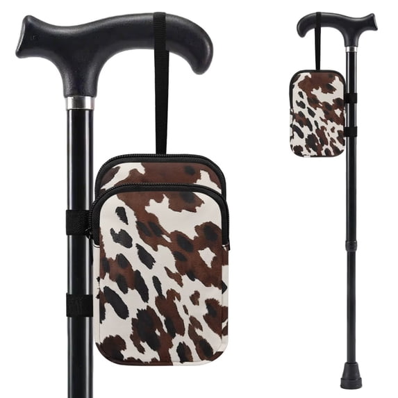 COEQINE Forearm Crutch Bag Elbow Crutch Organizer Black Brown Cow Print Walking Cane Accesories, Storage Pouch, with 2 Zipper Pockets, Large Capacity, for Men & Women