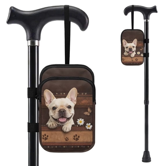 COEQINE Forearm Crutch Bag for Seniors Men Women Boston Terrior Paw Brown Walking Cane Attachment, Organizer Pouch, 2 Pockets, Lightweight, for Walking Cane & Elbow Crutches