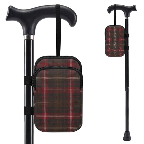 COEQINE Forearm Crutch Bag Walking Cane Accesories Dark Red Plaid Elbow Crutch Storage Organizer, 2 Zippered Pockets, Lightweight, Hands-Free, for Adults & Seniors