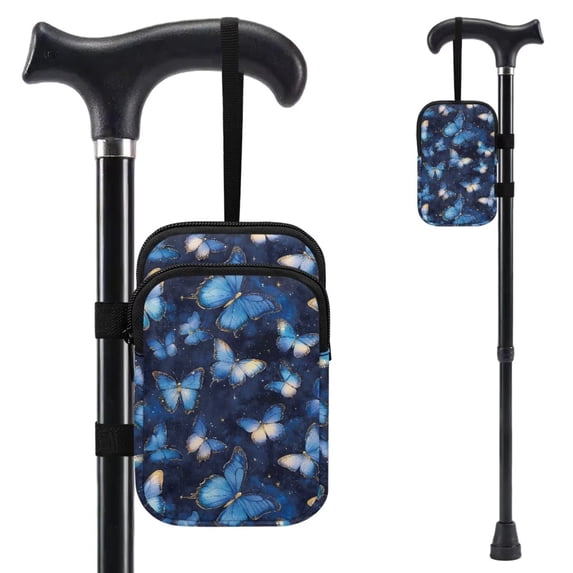 COEQINE Forearm Crutch Bag with Zipper Phone Pouch Blue Butterfly Galaxy Walking Cane Accesories, Zipper Pouch, Hands-Free, Organize Daily Essentials, for Seniors Men Women