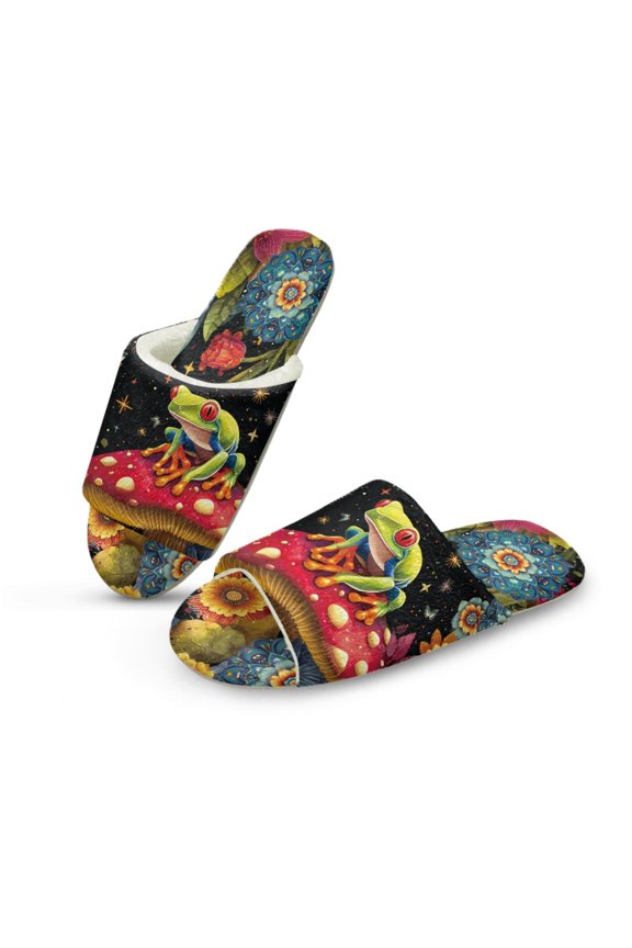 Frog Mushroom Flower Slip On Slippers Womens Fluffy Slippers Soft Indoor Sandals Cute House Slides Comfortable Open Toe Slip On House Shoes Footwear for Bedroom Travel, 42-43
