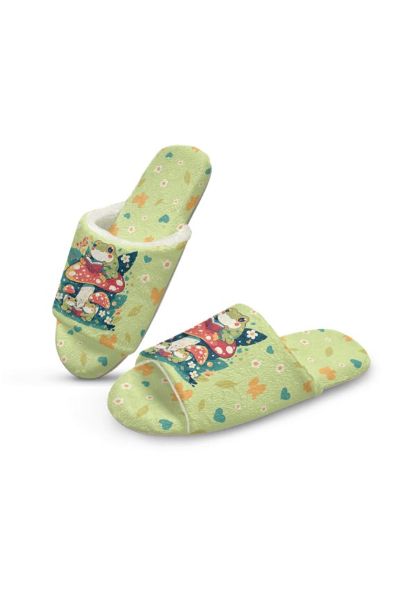 Frog Mushroom Green Fall Slippers for Women, Fuzzy Slides Indoor Warm Fluffy Slides Cute House Slippers Open Toe Machine Washable Slip On Bedroom Sandals for Ladies, 38-39