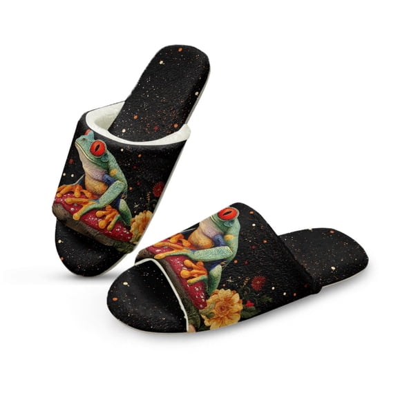 COEQINE Frog Mushroom Slippers for Women Indoor Comfortable Fluffy Slides Cozy Open Toe House Shoes Cute Bedroom Shoes Foldable Spa Slippers for Women Men Guest, 40-41