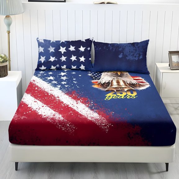 COEQINE Full Sheet Set 3 Pieces Bed Sheets Set, Soft Breathable Easy Care Bedding Set All Season Long Lasting Bottom Bedsheet for US 250th Anniversary Decor, Eagle American Flag Splash