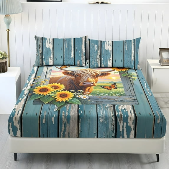 COEQINE Full Sheet Set 3 Pieces Bedding Set, Comfort Fade Resistant Fitted Sheet with 2 Pillowcases, Winter Bottom Bedsheet Easy & Secure Fit, Highland Cow Sunflower Wood Grain
