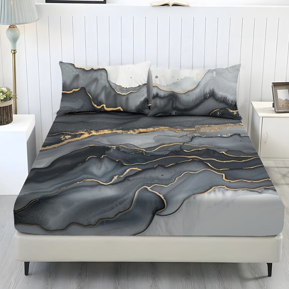 COEQINE Full Sheet Set 3 Pieces Bedding Set, Comfort Fade Resistant Fitted Sheet with 2 Pillowcases, Winter Bottom Bedsheet Easy & Secure Fit, Marble Gray