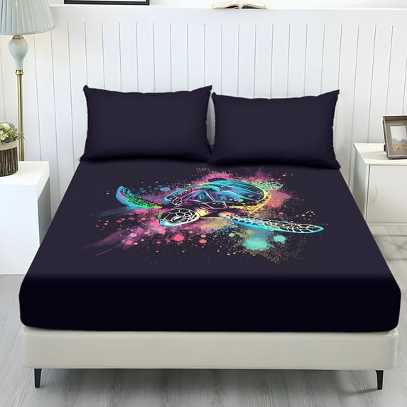 COEQINE Full Sheet Set 3 Pieces Bedding Set, Comfort Fade Resistant Fitted Sheet with 2 Pillowcases, Winter Bottom Bedsheet Easy & Secure Fit, Sea Turtle Splash