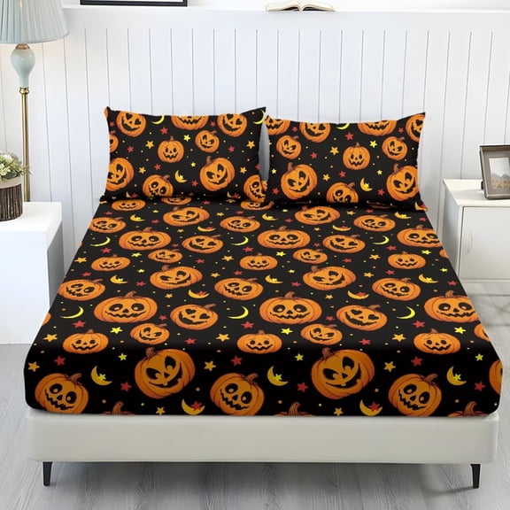 COEQINE Full Sheet Set Breathable Soft Bedding Sheet Set 3 Pieces Deep Pocket Holiday Bedding Set with All Around Elastic for Halloween Home Decor, Pumpkin Moon Star