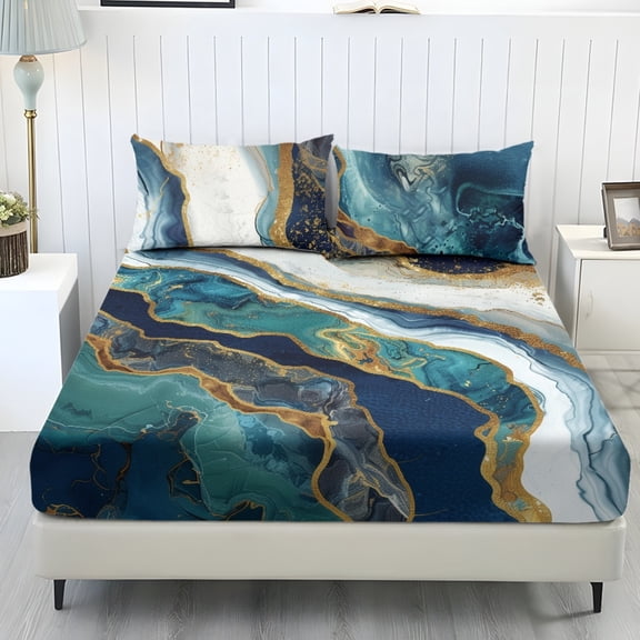 COEQINE Full Sheet Set Breathable Soft Bedding Sheet Set 3 Pieces Deep Pocket Holiday Bedding Set with All Around Elastic for a Snug Fit, Blue Teal Marble