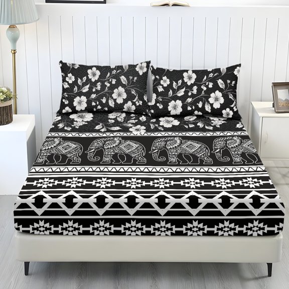 COEQINE Full Sheet Set Breathable Soft Bedding Sheet Set 3 Pieces Deep Pocket Holiday Bedding Set with All Around Elastic for a Snug Fit, Boho American Tribal Elephant Floral