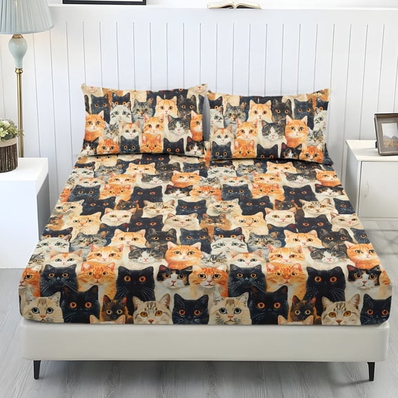 COEQINE Full Sheet Set Breathable Soft Bedding Sheet Set 3 Pieces Deep Pocket Holiday Bedding Set with All Around Elastic for a Snug Fit, Cute Cat Print