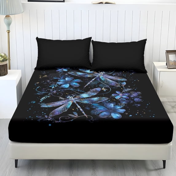 COEQINE Full Sheet Set Soft Fade Resistant 3 Pieces Bed Sheets Set All Around Elastic Fitted Bedsheet & Pillowcases Home Decor for Full Size Bed, Blue Dragonfly Floral