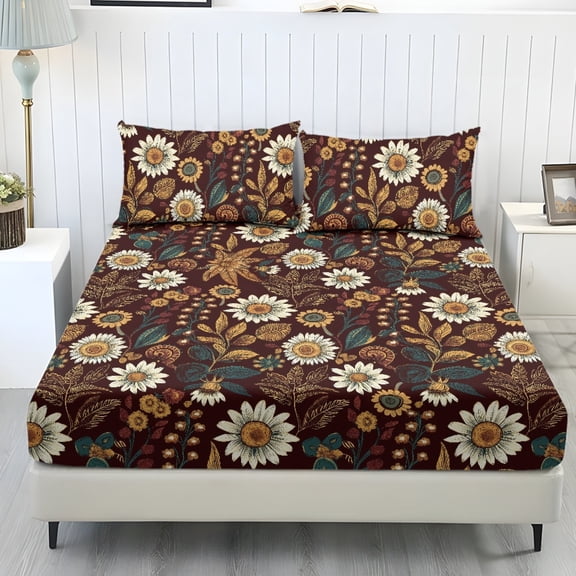 COEQINE Full Sheet Set Soft Fade Resistant 3 Pieces Bed Sheets Set All Around Elastic Fitted Bedsheet & Pillowcases Home Decor for Full Size Bed, Brown Daisy Floral