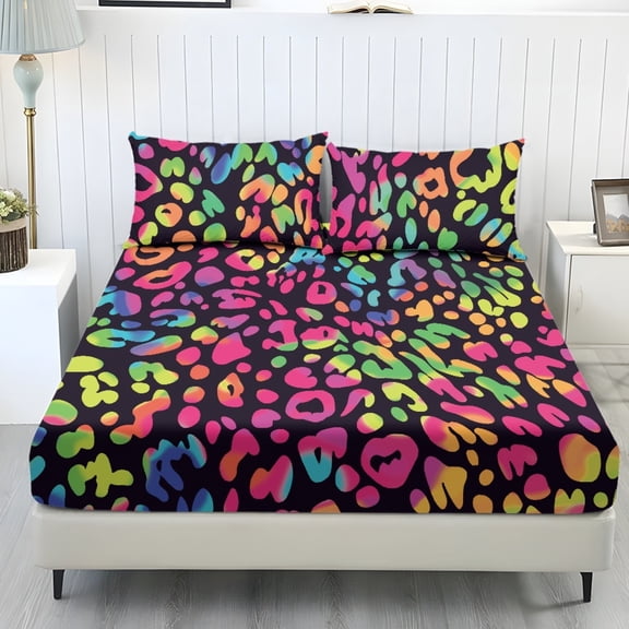 COEQINE Full Sheet Set Soft Fade Resistant 3 Pieces Bed Sheets Set All Around Elastic Fitted Bedsheet & Pillowcases Home Decor for Full Size Bed, Colorful Leopard Print