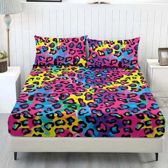 COEQINE Full Sheet Set Soft Fade Resistant 3 Pieces Bed Sheets Set All Around Elastic Fitted Bedsheet & Pillowcases Home Decor for Full Size Bed, Colorful Leopard Print