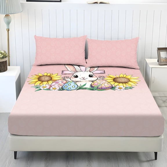 COEQINE Full Sheet Set Soft Fade Resistant 3 Pieces Bed Sheets Set All Around Elastic Fitted Bedsheet & Pillowcases Home Decor for Full Size Bed, Easter Bunny Egg Cross Pink