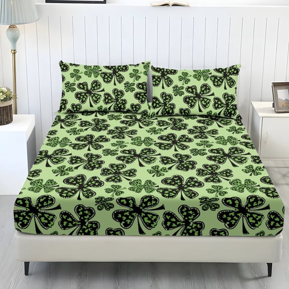 COEQINE Full Sheet Set Soft Fade Resistant 3 Pieces Bed Sheets Set All Around Elastic Fitted Bedsheet & Pillowcases Home Decor for Saint Patrick's Day Decor, Leopard Print Shamrock Green