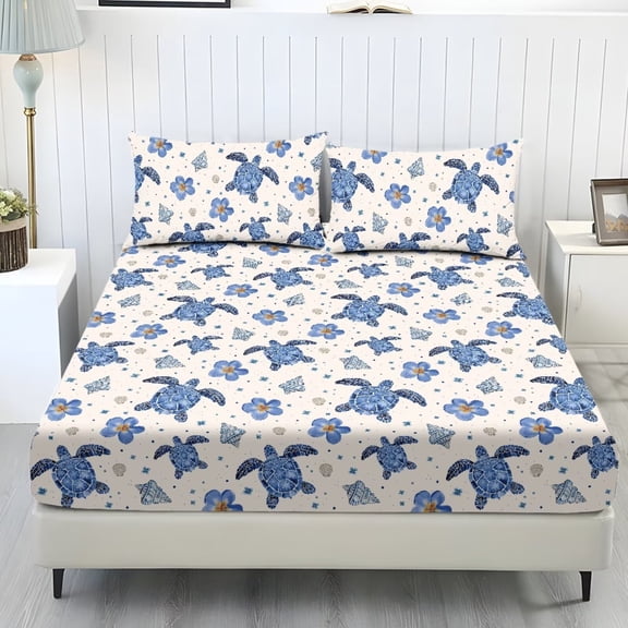COEQINE Full Sheet Set Soft Fade Resistant 3 Pieces Bed Sheets Set All Around Elastic Fitted Bedsheet & Pillowcases Home Decoration Coastal Decor, Blue Sea Turtle Conch Floral